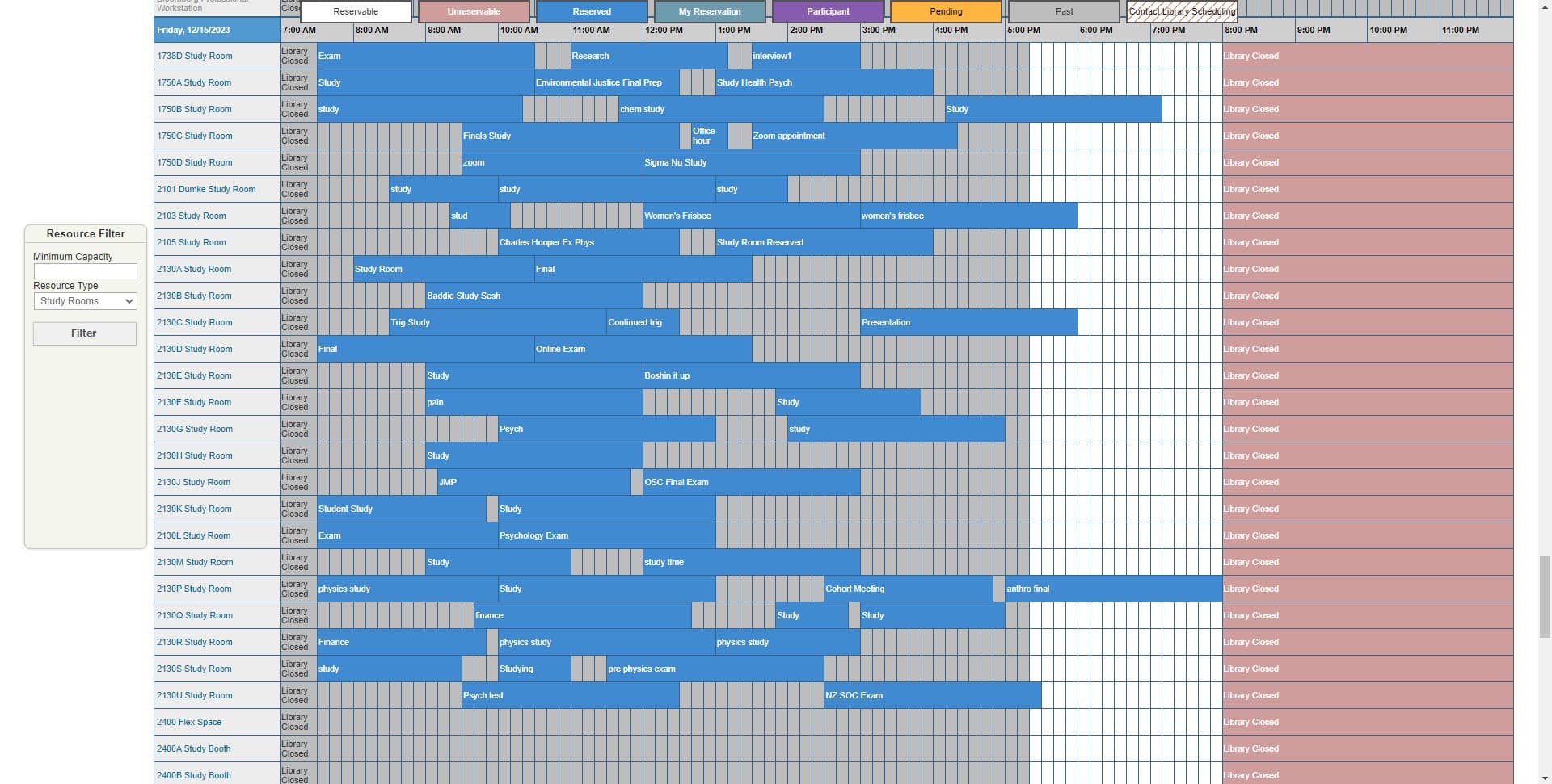 Screenshot of the University of Utah Marriott Library reservation system
showing a dense calendar grid of rooms across a full week.